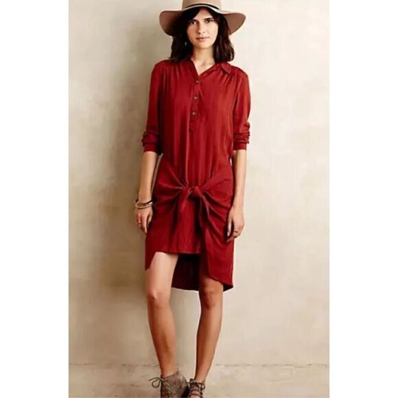Anthropologie Maeve Bloomsbury Tie Front Dress Rust Red 1/4 Button up Hi Lo Sz 6 - Picture 9 of 9